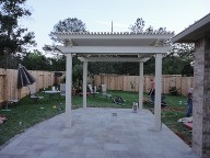 Woodlands Pergola Brick Pavers Water Feature Drainage System, Bench Seating  Landscaping, Fire Pit