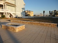 Galveston Island Fire Pit, Brick Paver Patio, Drainage System, Bench Seating, Retaining Wall, Landscape Lighting